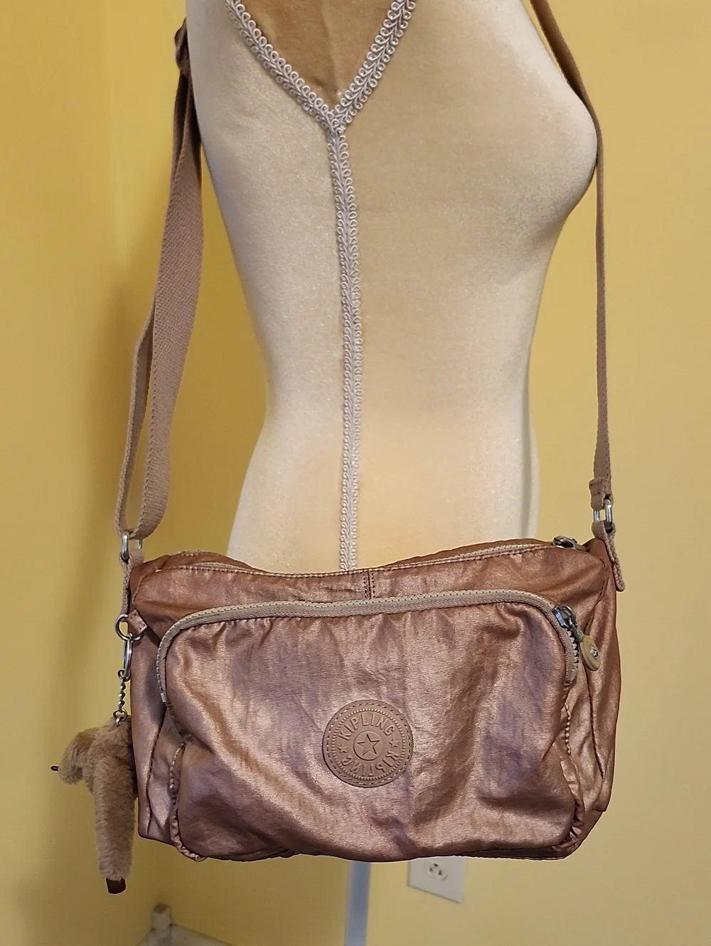 Kipling Rose Metallic Bag With  Monkey Keychain